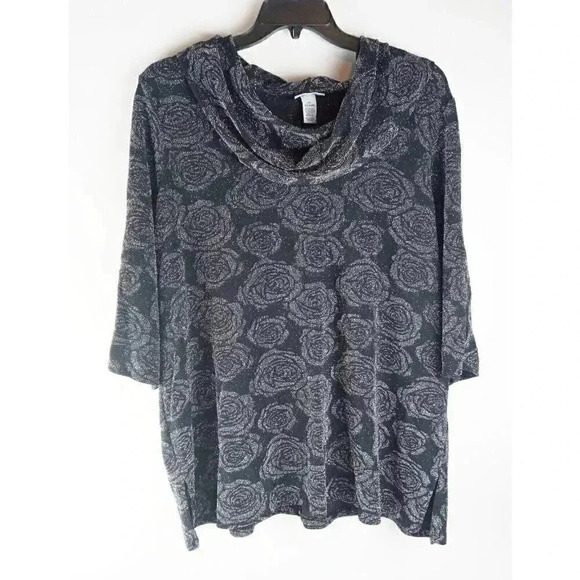 Catherines Tops - Catherines Womens Blouse Gray 3/4 Sleeve Cowl Neck Floral Glitter Pullover 2X